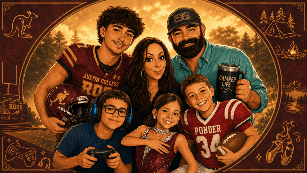 Warm illustrated family portrait of the Jones family with Austin College Roos football, Ponder Lions football, gaming headphones, dance details, and camper life elements.